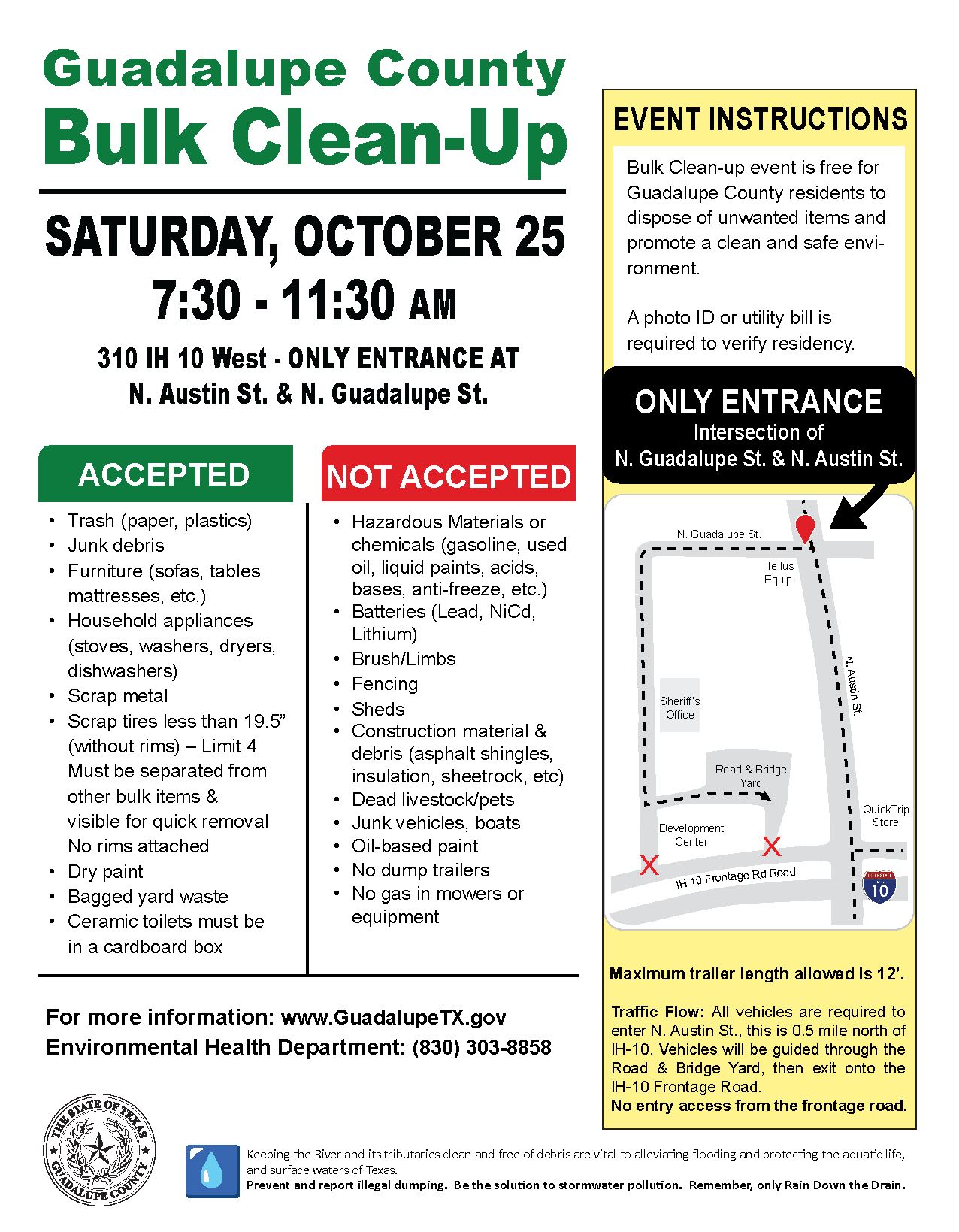 Bulk Clean Up Event Guadalupe County list of accepted and unaccepted items.